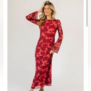 Floral Long Sleeve Red Dress